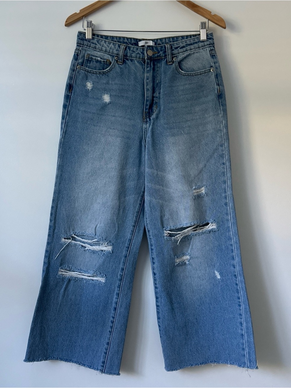 BP Women's High Rise Wide Leg Jeans Size 28x25 Ripped Raw Hem Blue Cotton